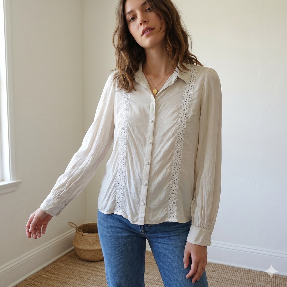 Sezane Cleia Top Womens 34 White Silk‎ Lace Button Up Blouse Parisian Romantic